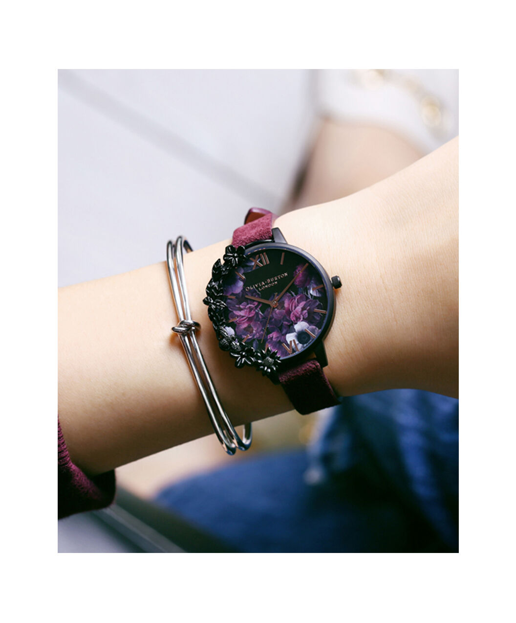 Olivia Burton Movado Company Store After Dark Case Cuff Demi Dial Watch with Wine Suede