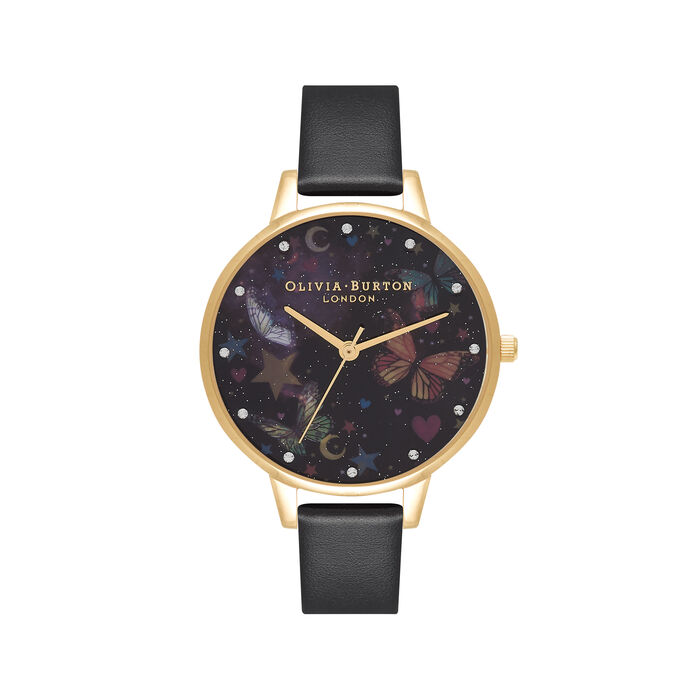 34mm Gold & Black Vegan Leather Strap Watch