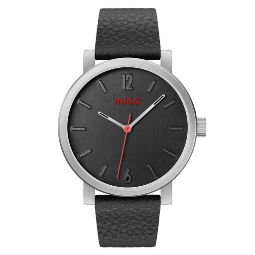 HUGO Men's #RASE Black Leather Watch