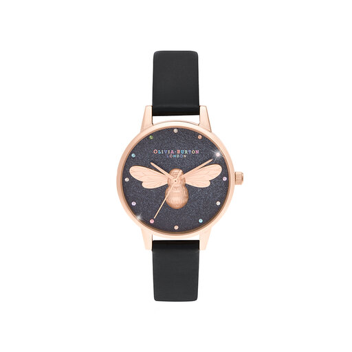 30mm Black & Rose Gold Vegan Leather Strap Watch