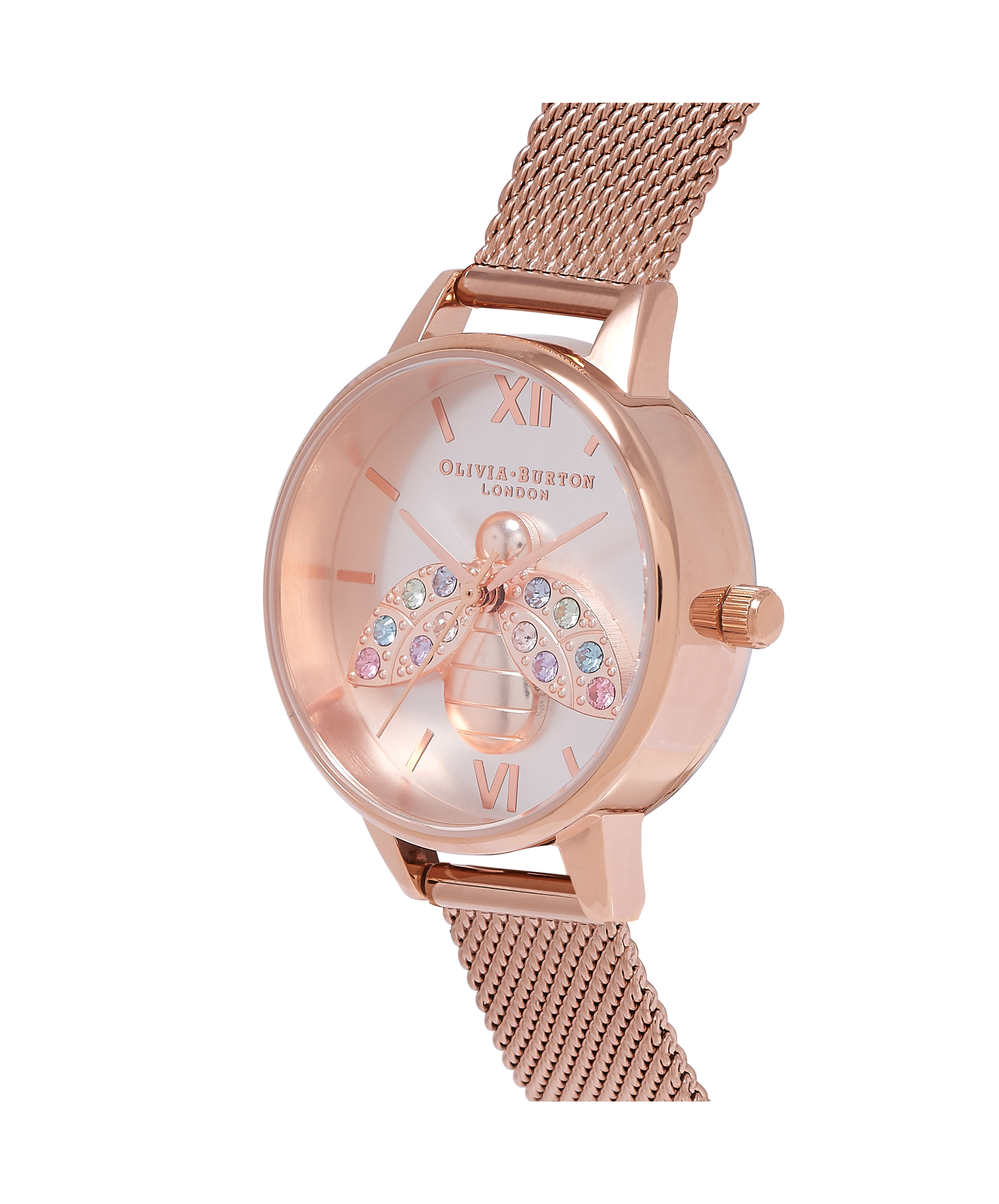 Rainbow Bee 30mm Sunray Rose Gold Mesh Watch | Olivia Burton