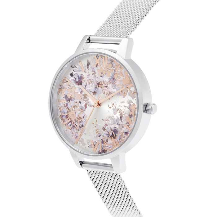 Abstract Floral Demi Silver & Rose Gold Mesh Watch