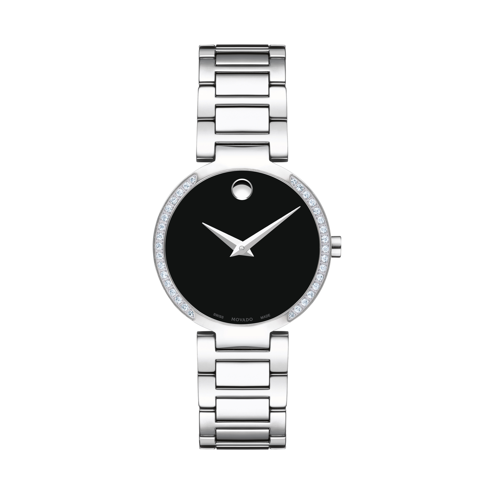 Movado Movado Company Store Movado Collection stainless steel case and bracelet with black dial and diamond set bezel