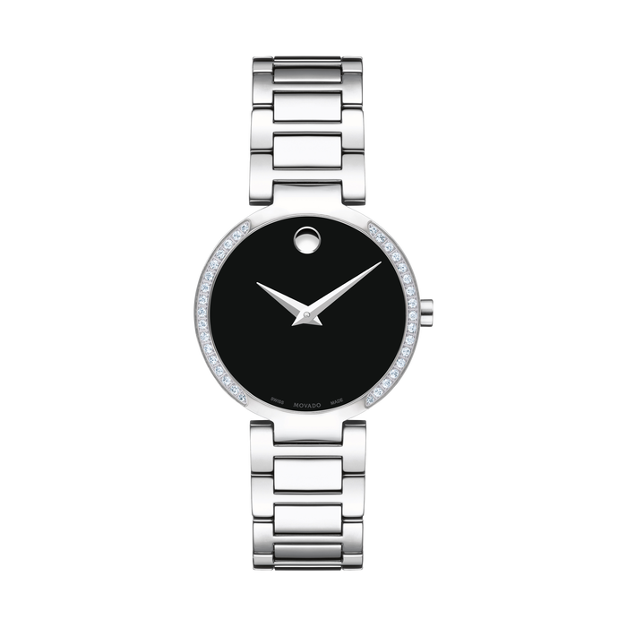 Movado Movado Company Store Movado Collection stainless steel case and bracelet with black dial and diamond set bezel