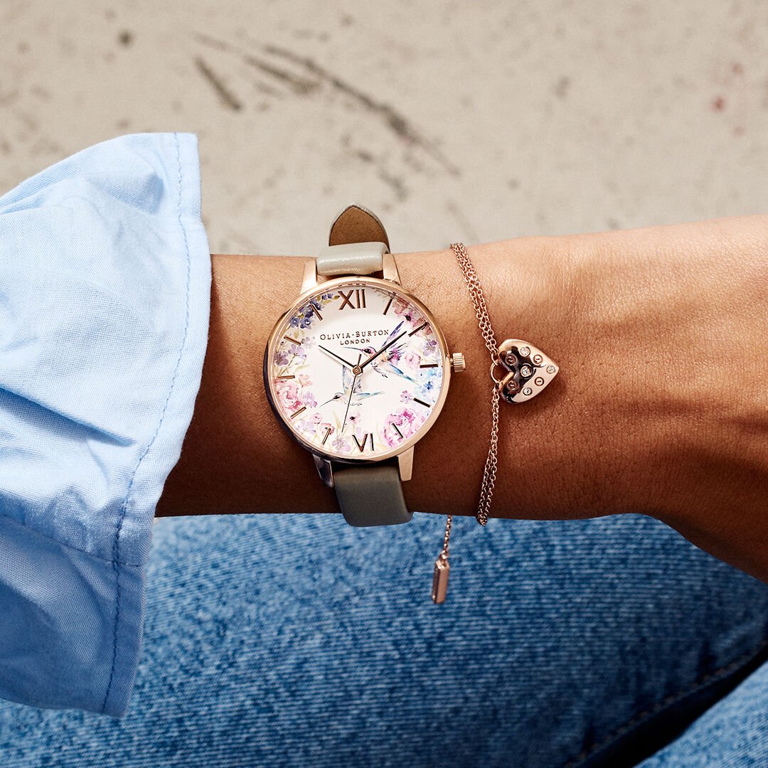 Painterly Prints 34mm Rose Gold Gray Leather Strap Watch Olivia Burton London