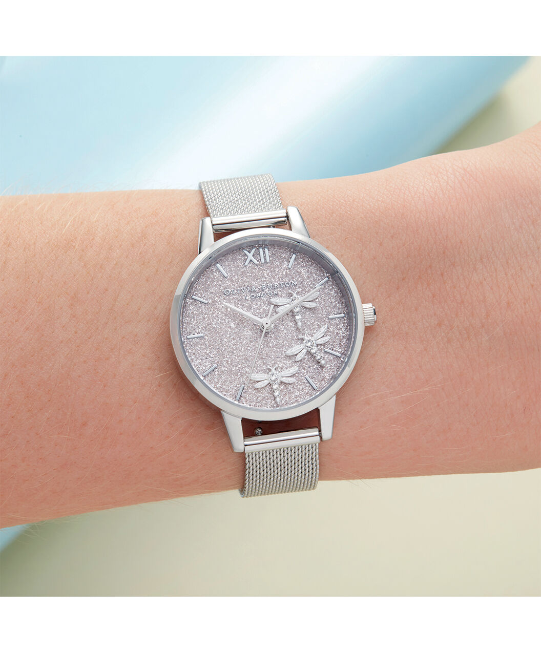 Dancing Dragonfly Blush Glitter Dial Silver Mesh Olivia Burton London